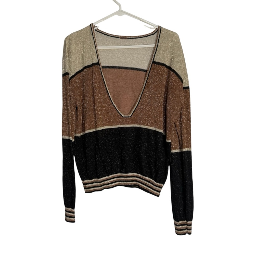 Free People Gold Dust Colorblock Linen Blend Sweater size S - Picture 2 of 9